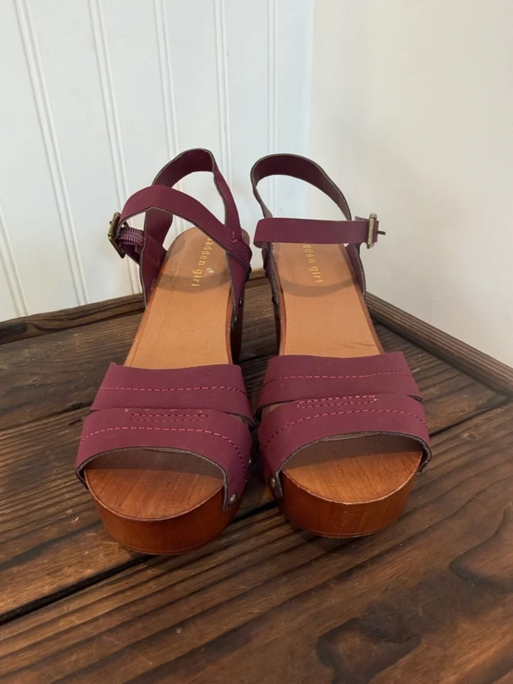 Madden Girl Darce Burgundy Strappy Wood Platform Sandals